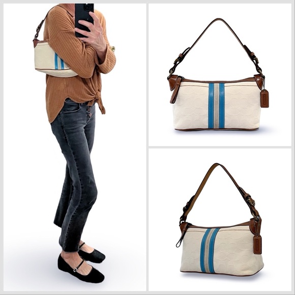 Coach Vintage Signature Striped Cream on Cream Jacquard & Brown Leather Baguette - Picture 2 of 7